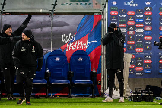 Johannes Moesgaard, head coach of KFUM, celebrates at the