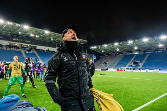 Johannes Moesgaard, head coach of KFUM, celebrates