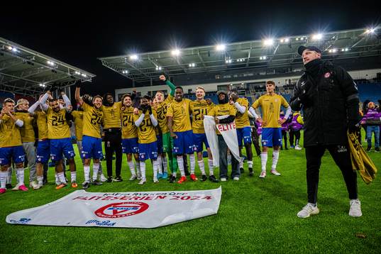 Johannes Moesgaard, head coach of KFUM, celebrates