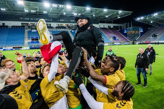 Johannes Moesgaard, head coach of KFUM, celebrates