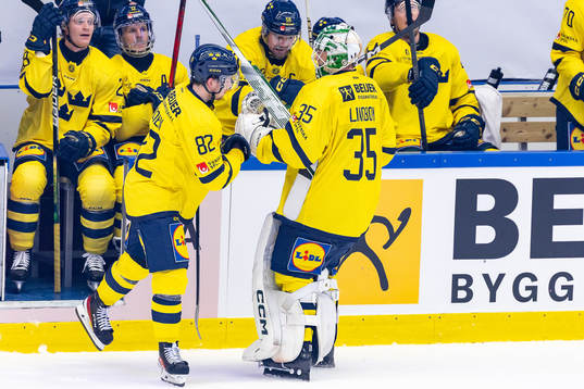Goaltender Carl Lindbom of Sweden is substituted off