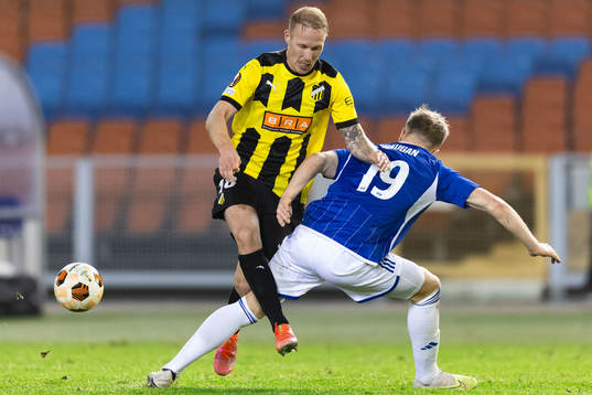 Mikkel Rygaard Jensen of BK Häcken and Eirik Haugan of