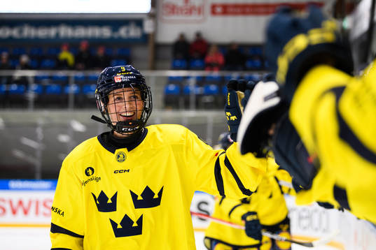 Emma Forsgren of Sweden celebrates scoring the 0-3 goal