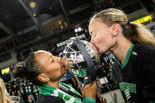 Hammarbys Madelen Janogy och Matilda Vinberg jublar