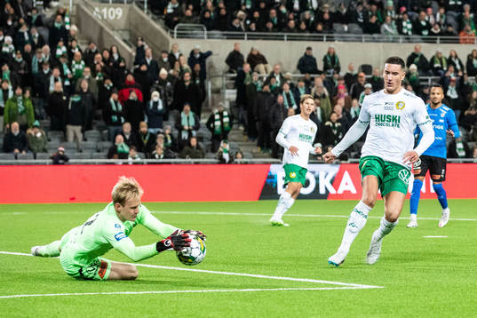 Halmstads målvakt Malte Påhlsson och Hammarbys Deniz Gul