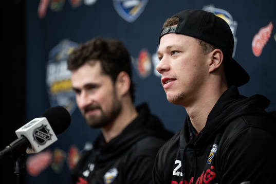 Dylan Larkin and Lucas Raymond of Detroit Red Wings