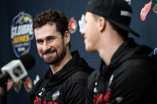 Dylan Larkin and Lucas Raymond of Detroit Red Wings