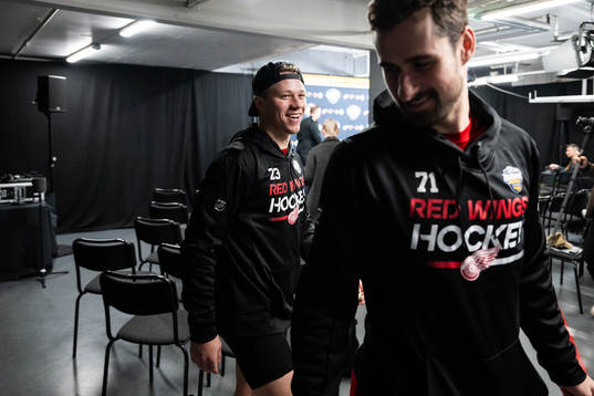 Dylan Larkin and Lucas Raymond of Detroit Red Wings