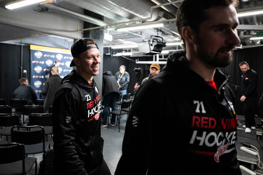 Dylan Larkin and Lucas Raymond of Detroit Red Wings