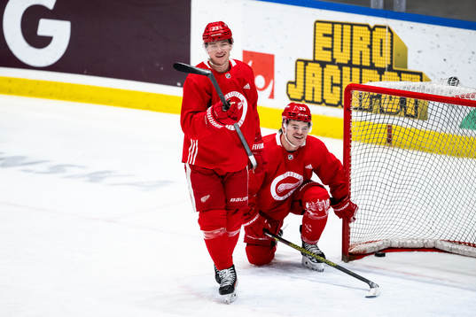 Lucas Raymond and Alex DeBrincat of Detroit Red Wings