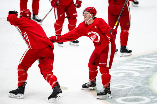 Christian Fischer and Alex DeBrincat of Detroit Red Wings