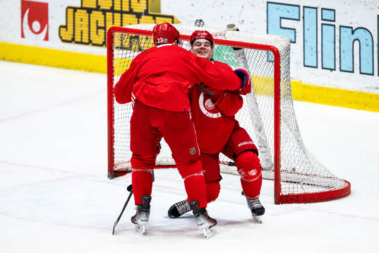 Lucas Raymond and Alex DeBrincat of Detroit Red Wings