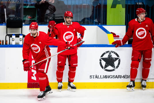 Joe Veleno and Shayne Gostisbehere of Detroit Red Wings