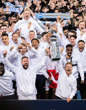 Malmö FFs Pontus Jansson och Anders Christiansen jublar