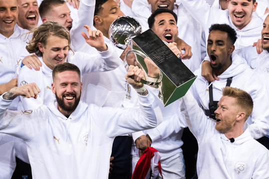 Malmö FFs Pontus Jansson och Anders Christiansen jublar