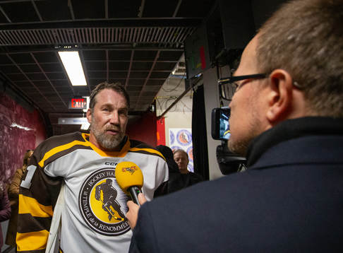 Peter Forsberg speaks with media following the Hockey Hall