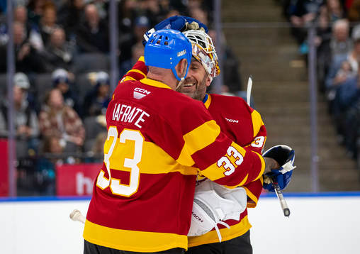 Henrik Lundqvist celebrates with Al Iafrate