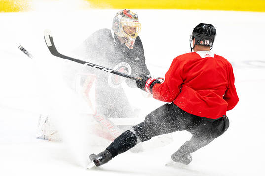 Goaltender Anton Forsberg and Tim Stützle of Ottawa