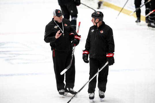 Head coach D.J. Smith and Daniel Alfredsson
