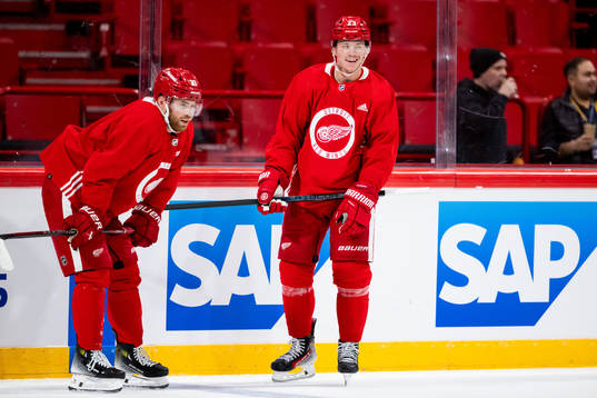 J.T. Compher and Lucas Raymond of Detroit Red Wings