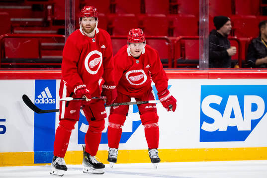 J.T. Compher and Lucas Raymond of Detroit Red Wings