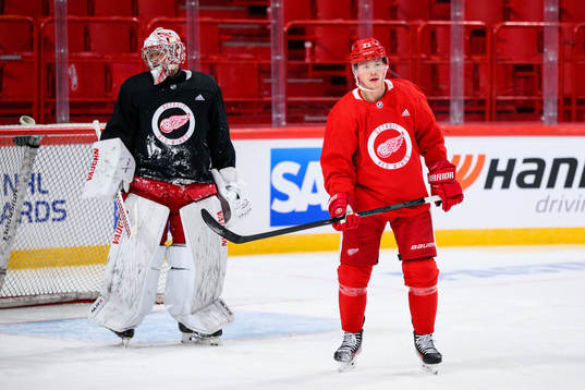 goalkeeper Alex Lyon and Lucas Raymond of Detroit Red Wings