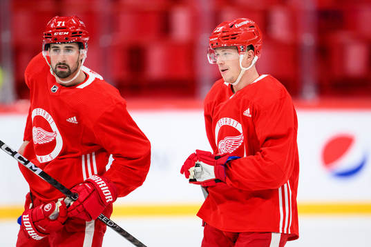Dylan Larkin and Lucas Raymond of Detroit Red Wings