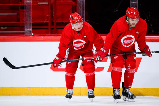Lucas Raymond and Ben Chiarot of Detroit Red Wings