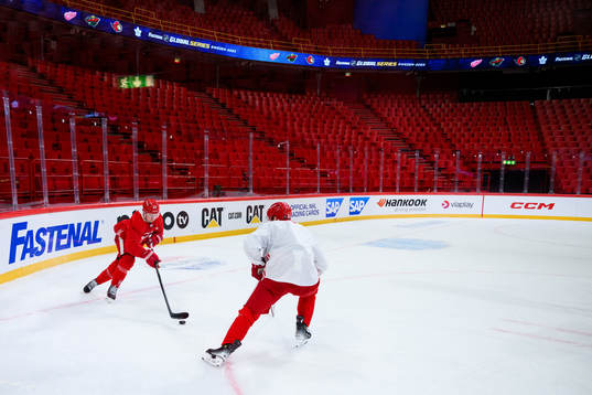 Lucas Raymond and J.T. Compher of Detroit Red Wings