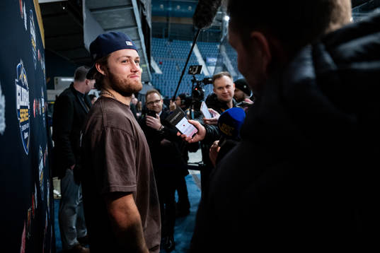William Nylander of Toronto Maple Leafs speaks to media