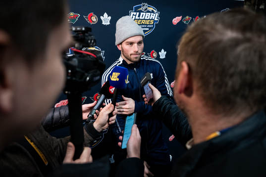 Calle Järnkrok of Toronto Maple Leafs speaks to media
