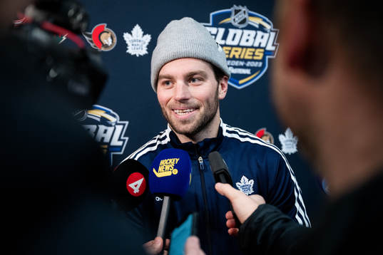 Calle Järnkrok of Toronto Maple Leafs speaks to media