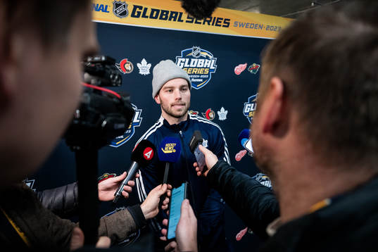 Calle Järnkrok of Toronto Maple Leafs speaks to media