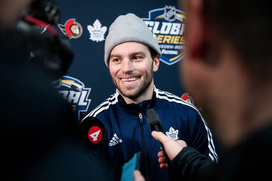 Calle Järnkrok of Toronto Maple Leafs speaks to media