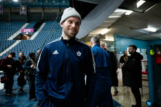 Calle Järnkrok of Toronto Maple Leafs speaks to media