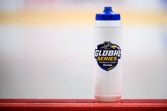 A water bottle with the NHL Global series logotype