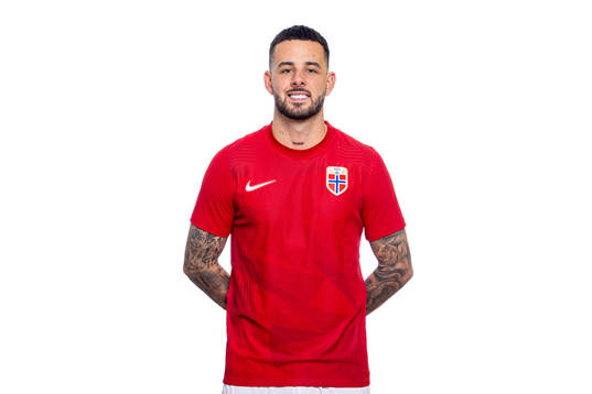 Aron Dønnum of the Norwegian national football team poses