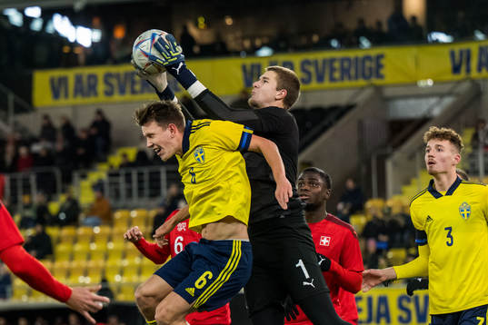 Sveriges Kasper Karlsson och Schweiz målvakt Silas Huber