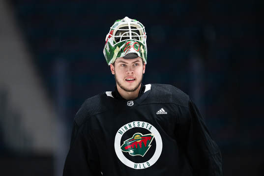 Goaltender Jesper Wallstedt of Minnesota Wild at a practice