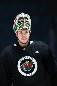 Goaltender Jesper Wallstedt of Minnesota Wild at a practice