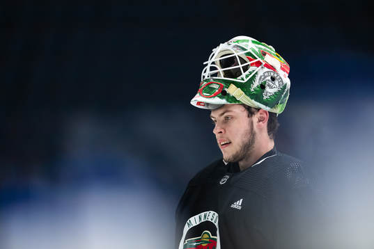Goaltender Jesper Wallstedt of Minnesota Wild at a practice