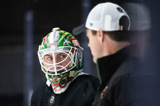 Goaltender Jesper Wallstedt of Minnesota Wild at a practice