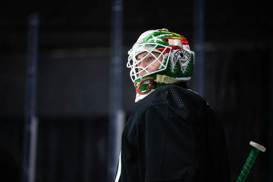 Goaltender Jesper Wallstedt of Minnesota Wild at a practice