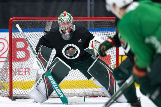 Goaltender Filip Gustavsson of Minnesota Wild at a practice