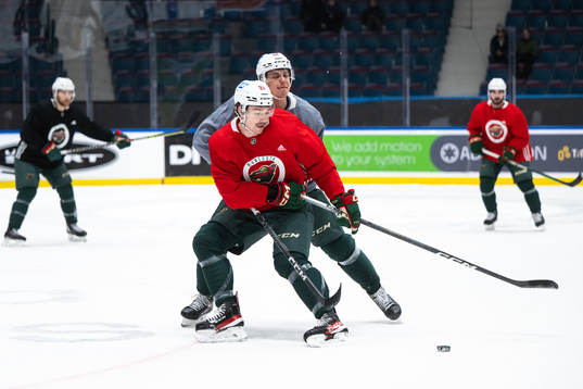Brandon Duhaime and Joel Eriksson Ek of Minnesota Wild at a