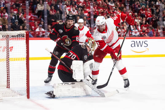 Brady Tkachukof Ottawa Senators and David Perron of Detroit