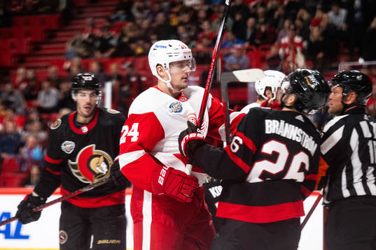 Klim Kostin of Detroit Red Wings and Erik Brännström of