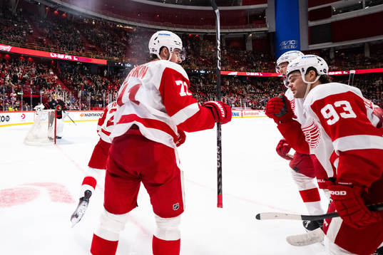 Moritz Seider and Alex DeBrincat of Detroit Red Wings