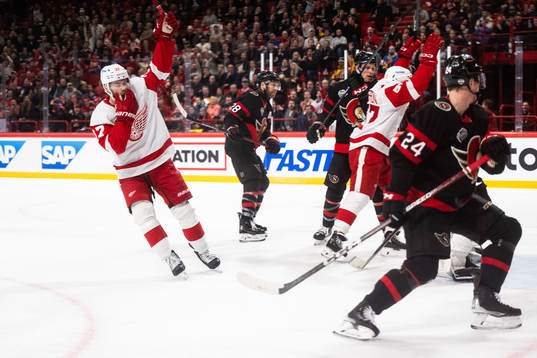 T Compher and David Perron of Detroit Red Wings celebrate