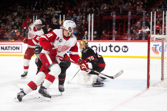 Andrew Copp of Detroit Red Wings watches the puck